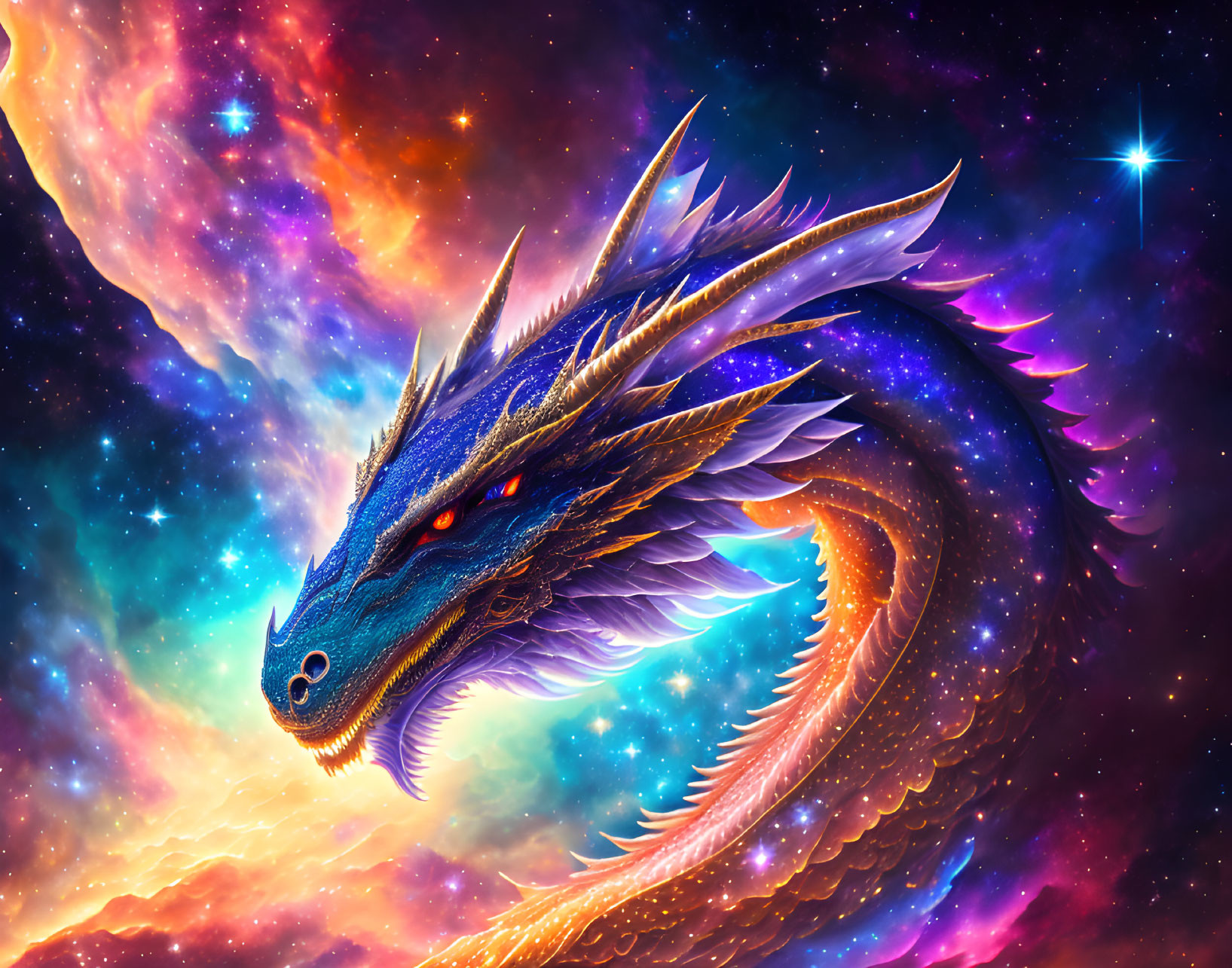 Majestic dragon with blue scales and golden accents in cosmic setting