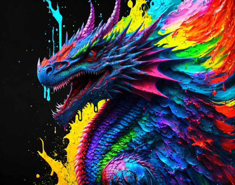 Multicolored dragon painting on black background