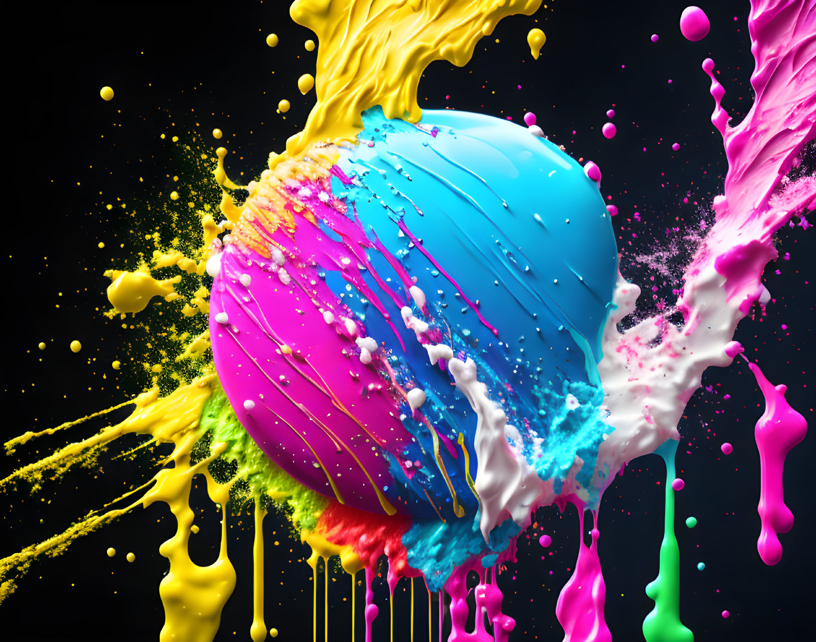 Colorful Paint Splatter on Spherical Surface Against Black Background