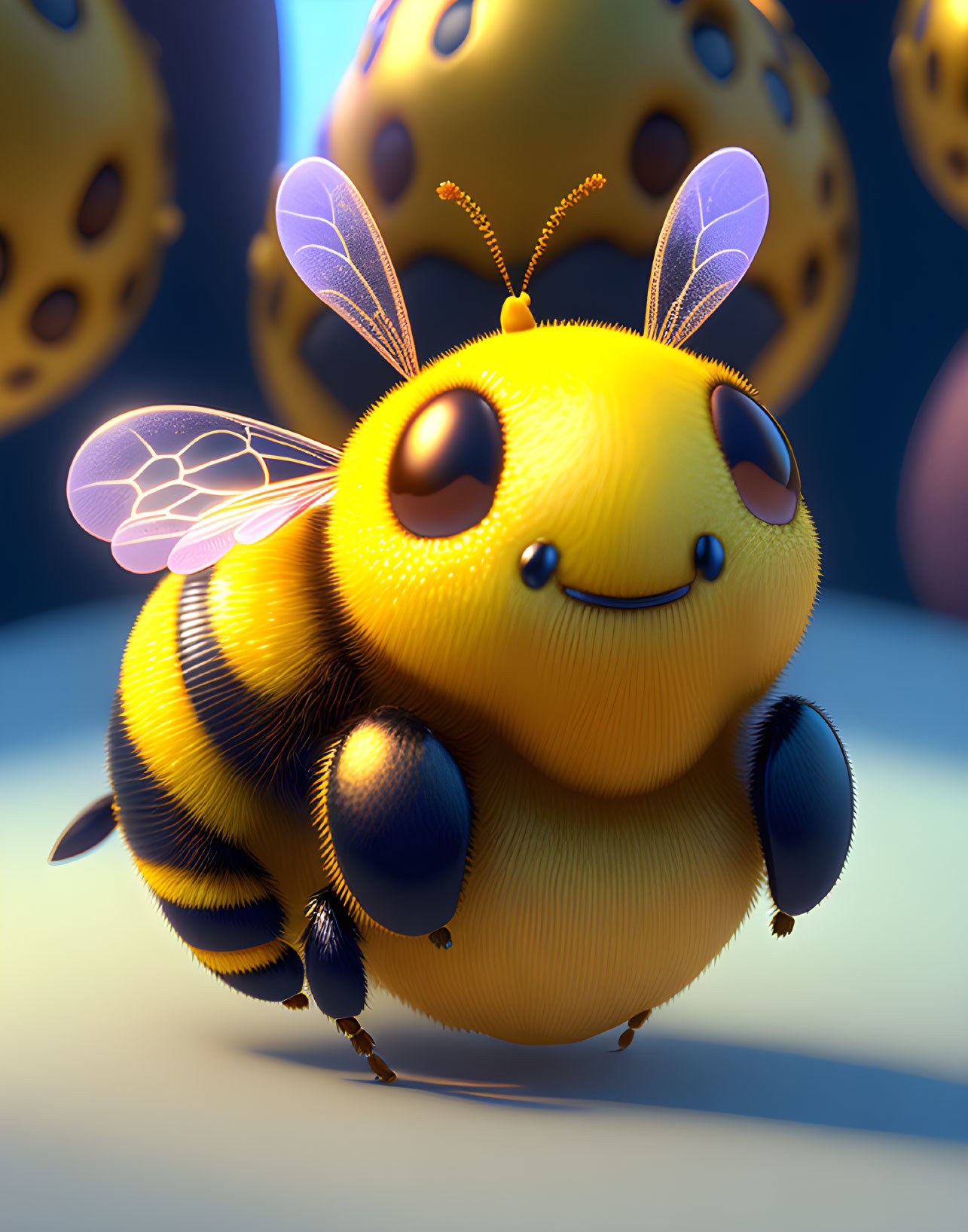 Chubby bee with big eyes smiling on honeycomb background