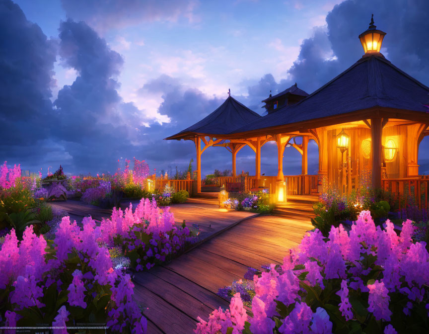 Twilight wooden gazebo with warm lights and purple flowers under dramatic sky