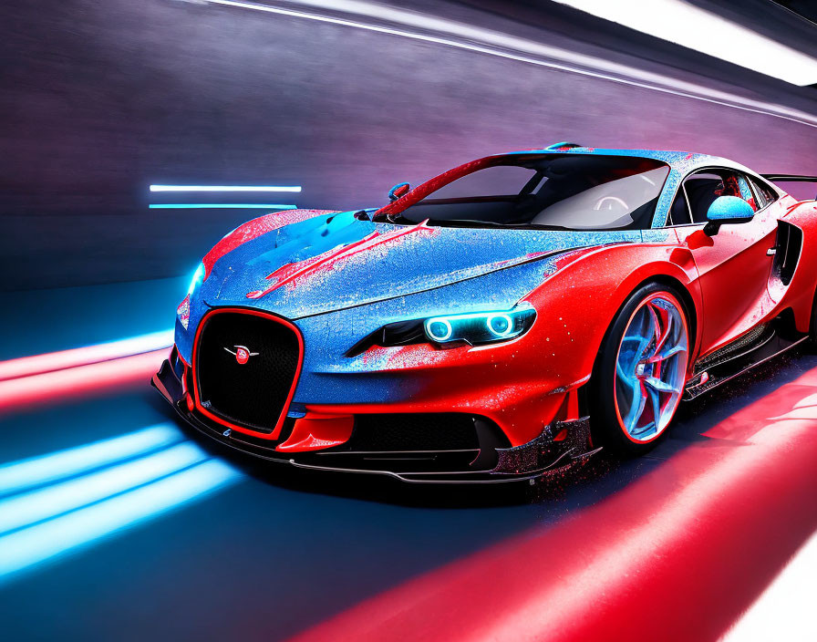 Red and black sports car in high-speed motion blur with dynamic light trails.