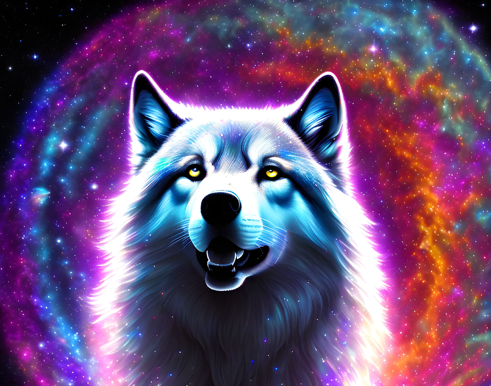 Colorful Wolf Artwork Against Cosmic Galaxy Backdrop