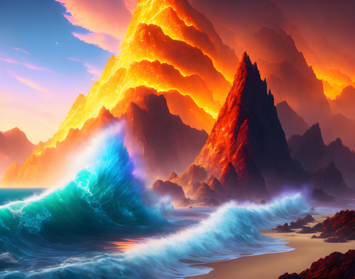 Dramatic seascape with glowing lava flow and powerful waves