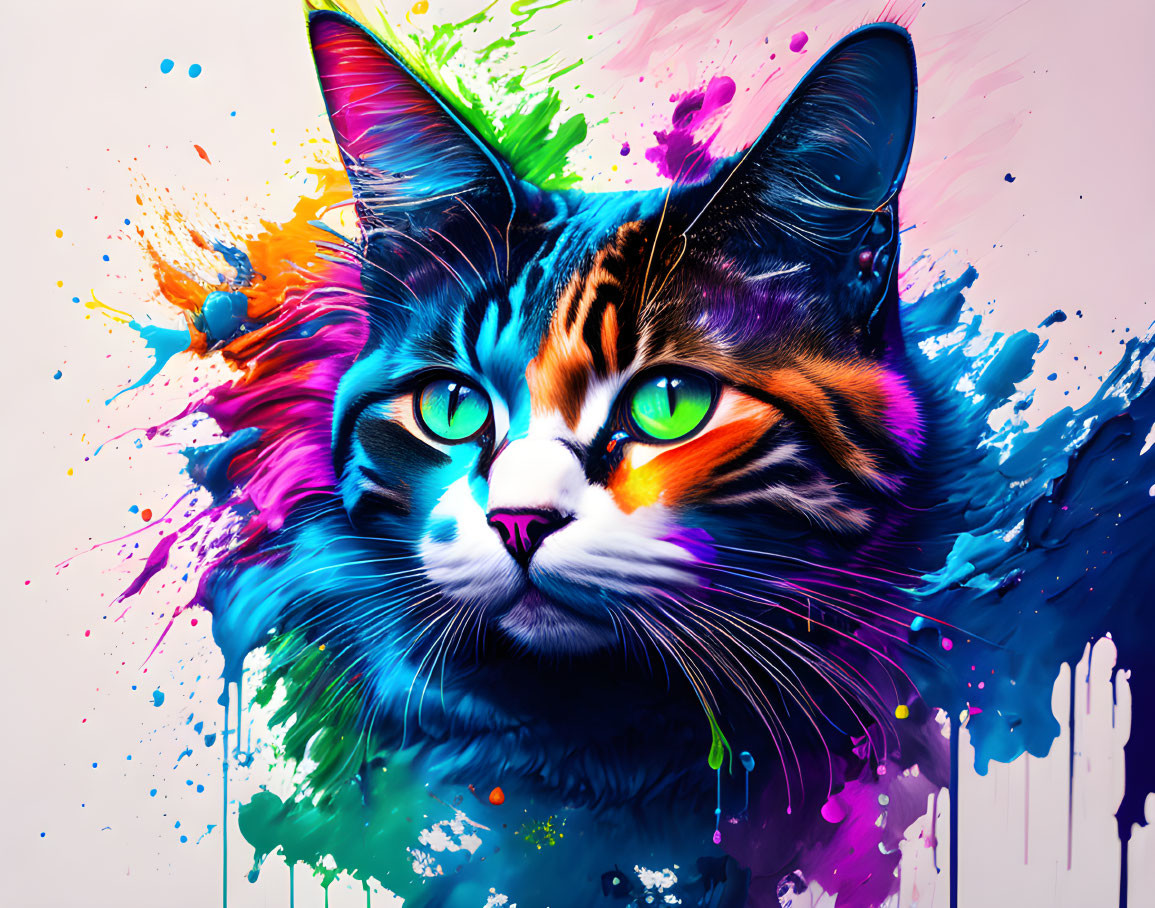 Colorful Digital Artwork: Cat with Green Eyes and Paint Splatters