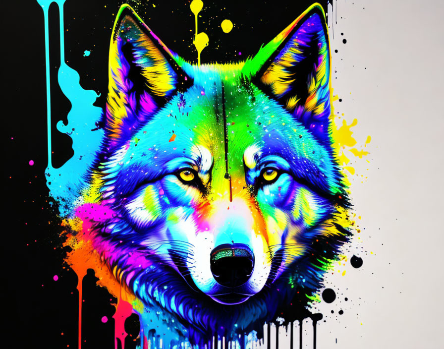 Colorful Neon Wolf Artwork on Black Background