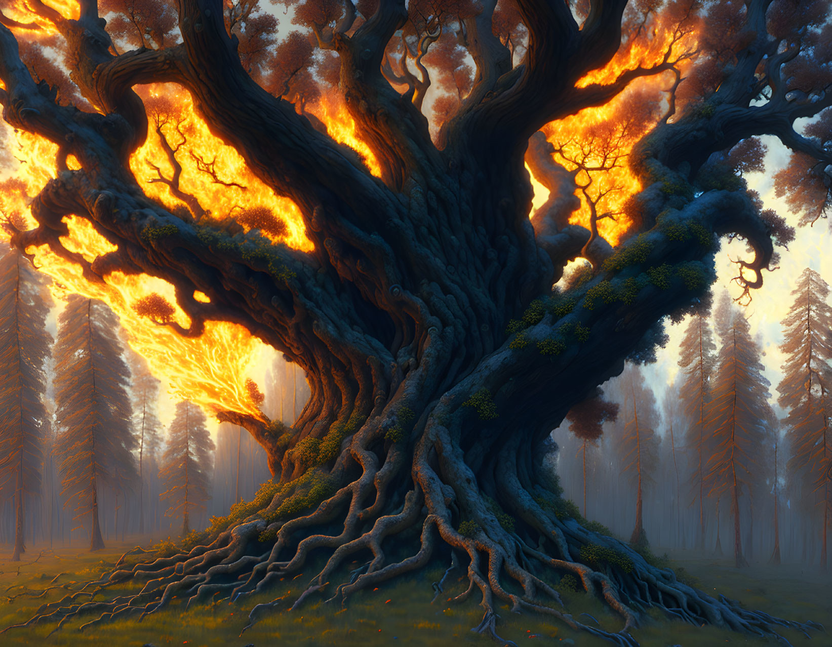 Glowing fiery tree with immense roots in misty forest landscape