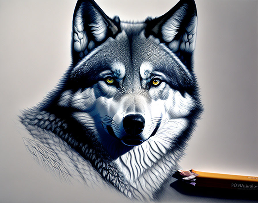 Detailed sketch of wolf with green eyes in pencil drawing.