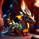 Golden two-headed dragon with glowing eyes and horns on fiery rock backdrop