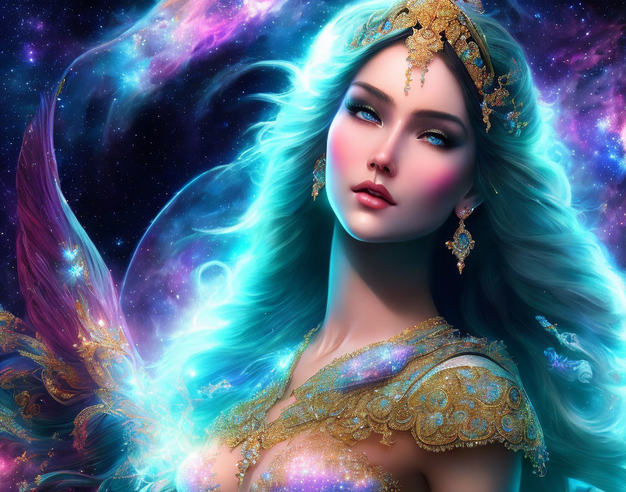 Fantastical illustration of woman with blue hair and cosmic background