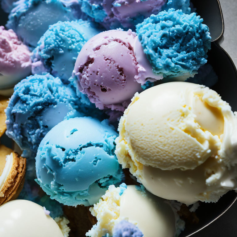 Colorful bowl with blue and purple ice cream scoops and cookies inside