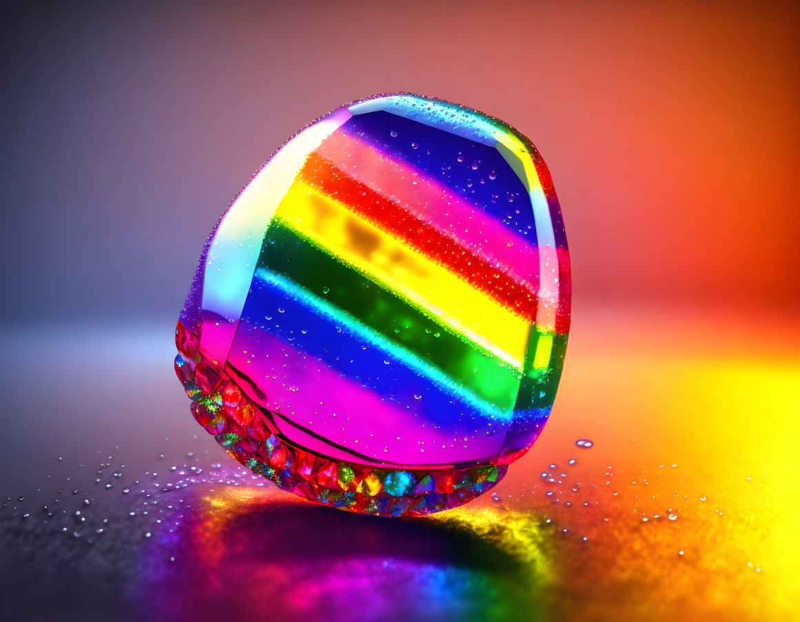 Rainbow Gradient Crystal Paperweight with Water Droplets and Light Reflections