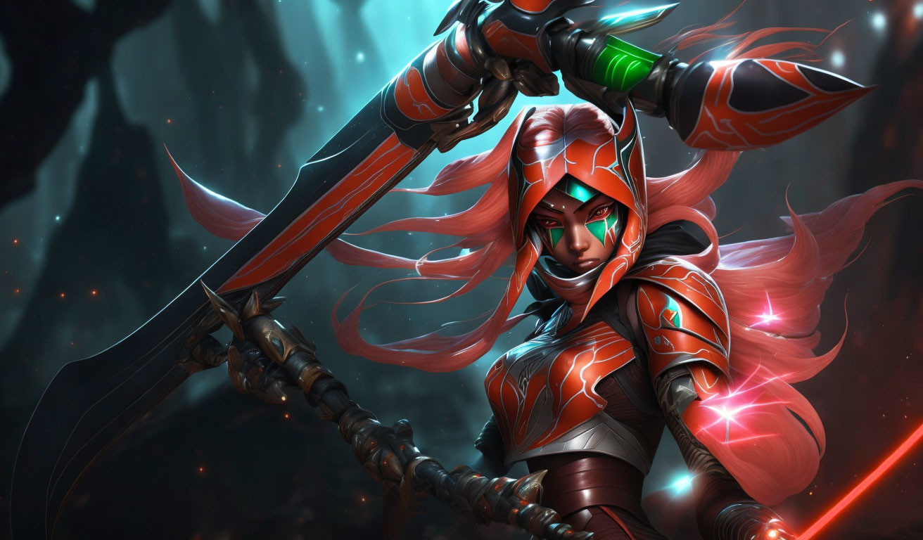 Animated female warrior in red armor with staff against mystical background