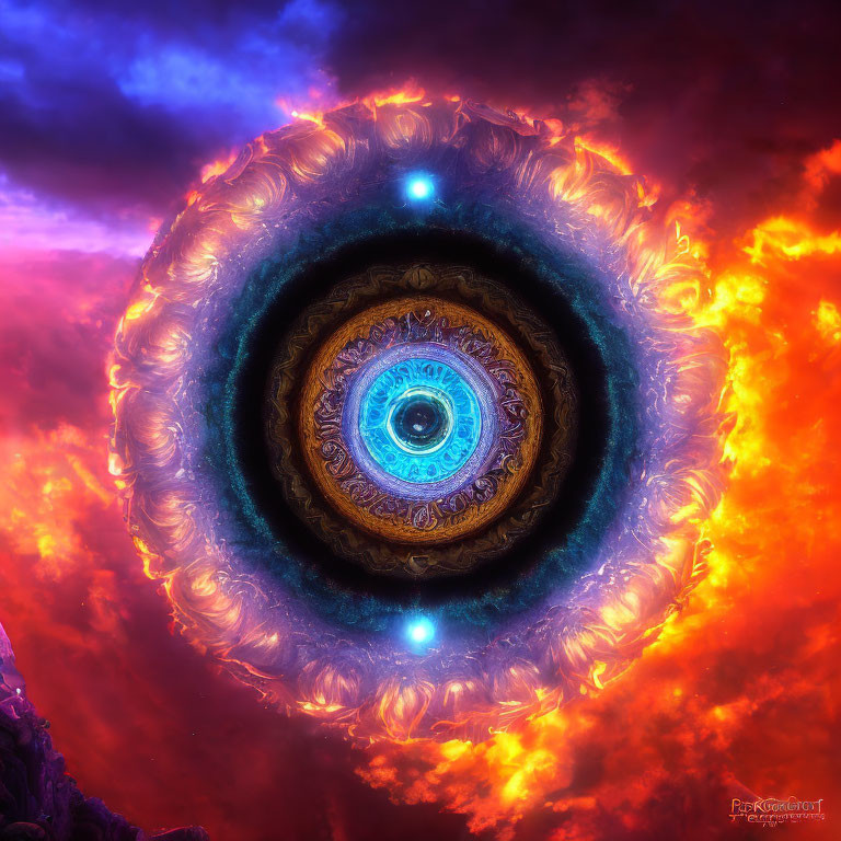 Colorful Fractal Image of Eye with Fiery Orange Edges and Blue Highlights