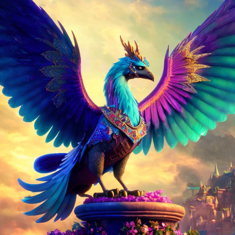 Mythical griffin creature with vibrant multicolored wings on pedestal