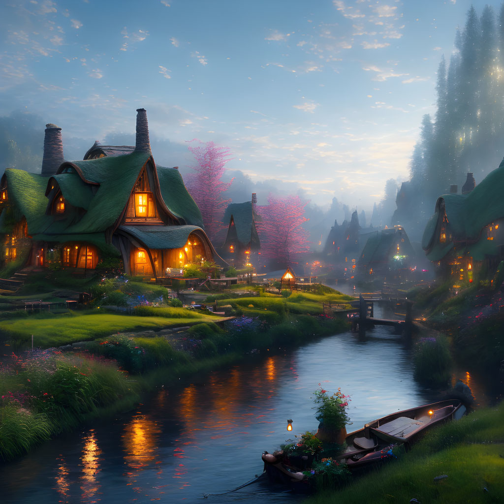 Serene fantasy village at dusk with thatched cottages, river, flowers, lanterns