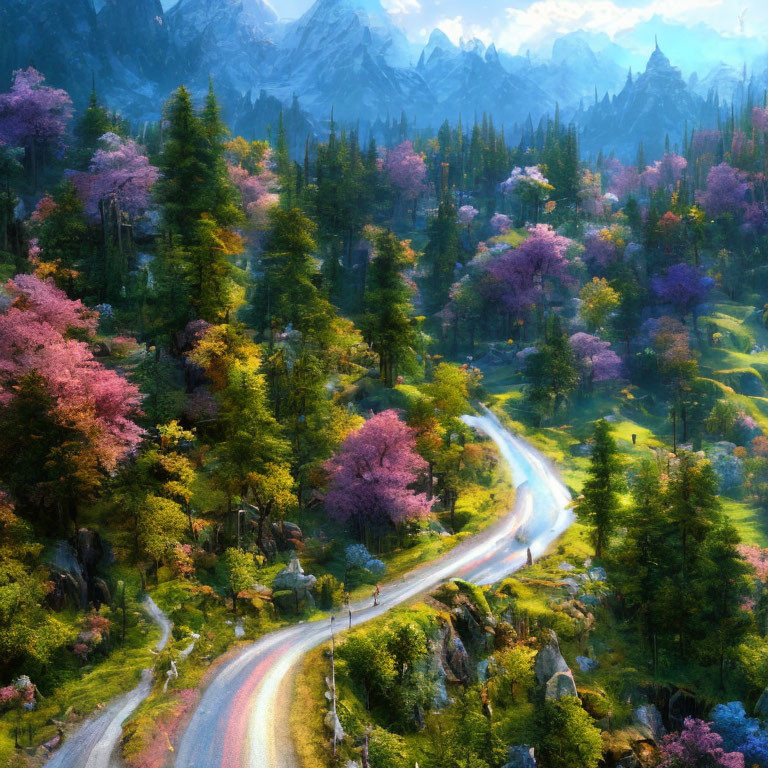 Scenic winding road through vibrant forest with pink and purple foliage