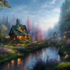Serene fantasy village at dusk with thatched cottages, river, flowers, lanterns