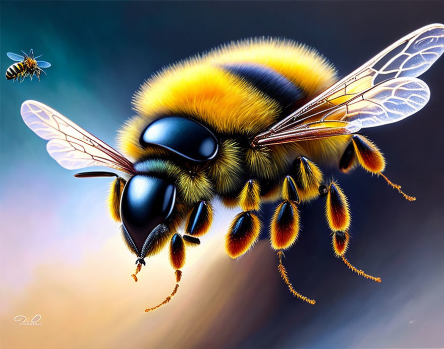 Detailed digital painting of bumblebees in flight with fur, wings, and legs.