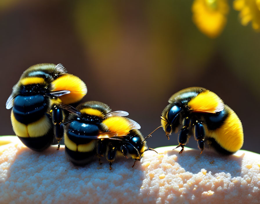 Bumblebees on yellow flower in warm, backlit scene