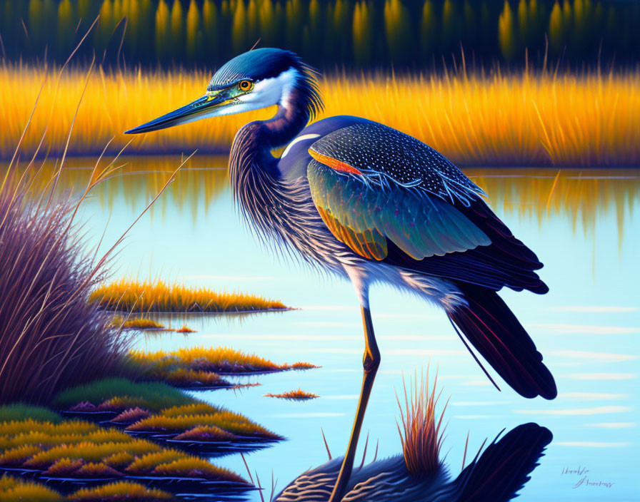 Colorful Digital Painting: Great Blue Heron in Wetland with Sunlight