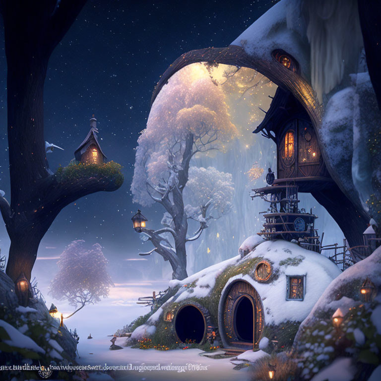 Snow-covered fantasy village with hobbit-like houses and warm lights under starry sky