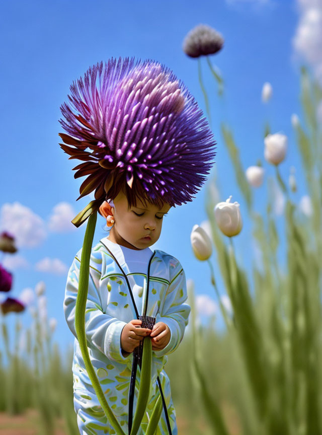 Child in flower field with large purple bloom on head