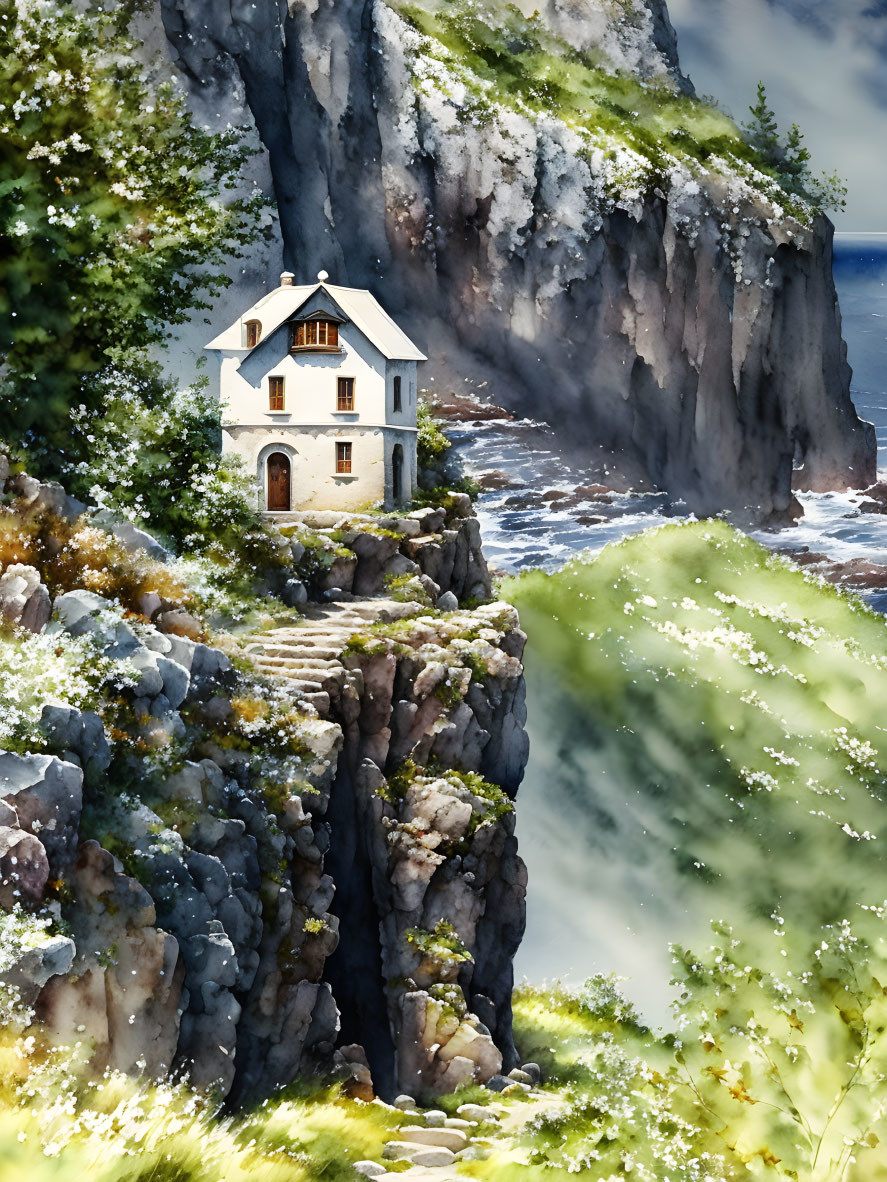 White house on rocky cliff overlooking ocean with lush greenery and white flowers.