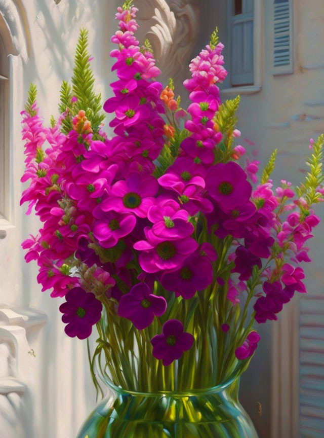 Vibrant pink flowers in green vase on white backdrop