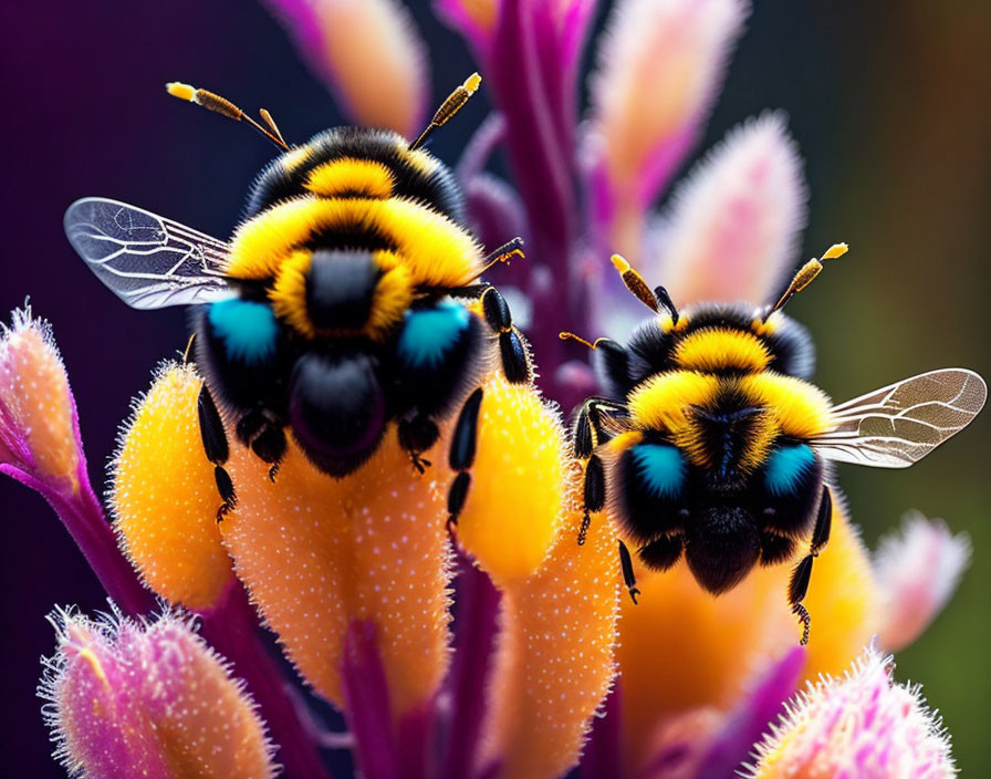 Vibrant bumblebees pollinating pink and orange flowers on purple background