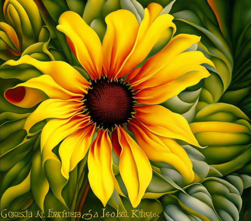 Detailed digital painting of vibrant sunflower on swirling green backdrop