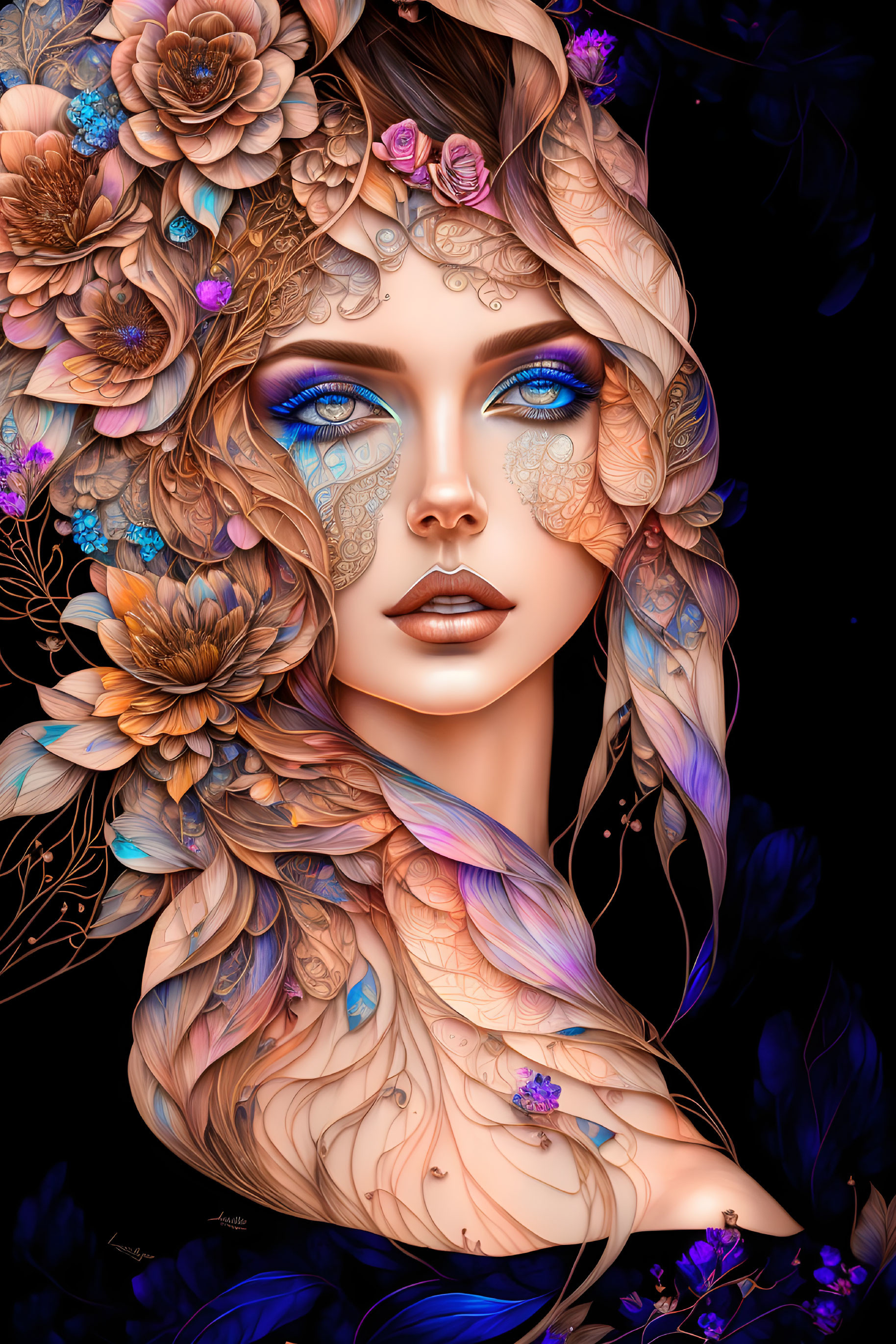 Detailed digital portrait of woman with floral motifs in hair and skin against dark backdrop