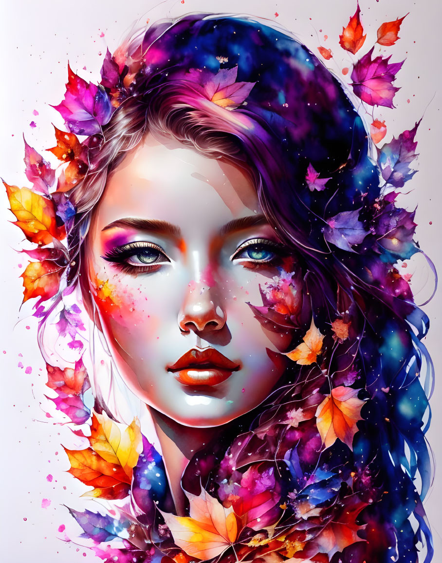 Colorful digital art portrait of woman with autumn leaves and cosmic starry effect