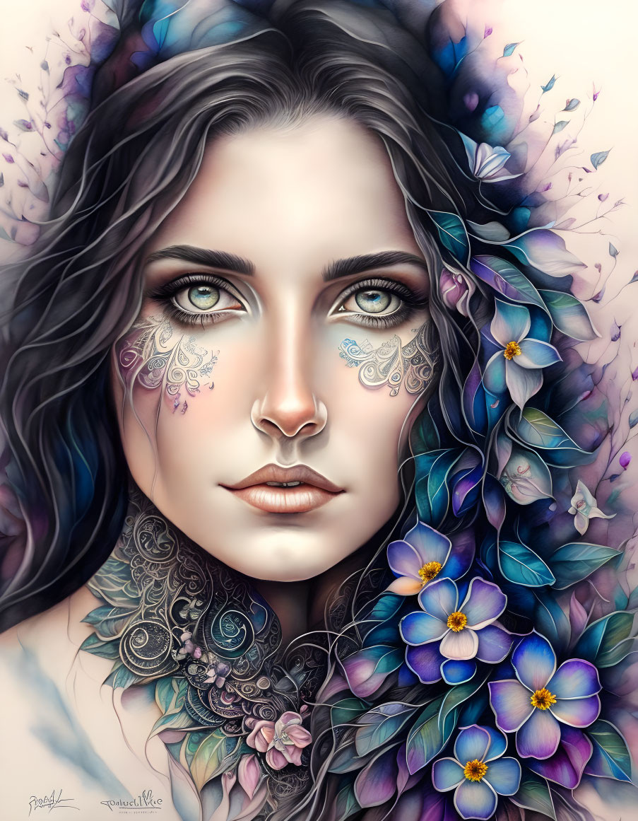 Woman portrait with floral patterns, blue and purple flowers, whimsical ambiance