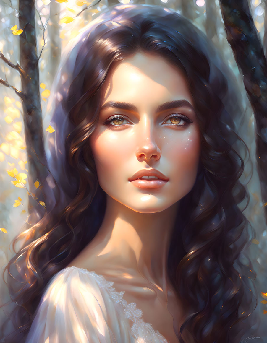 Digital portrait of woman with long curly hair, green eyes, fair skin, set in sunlit forest