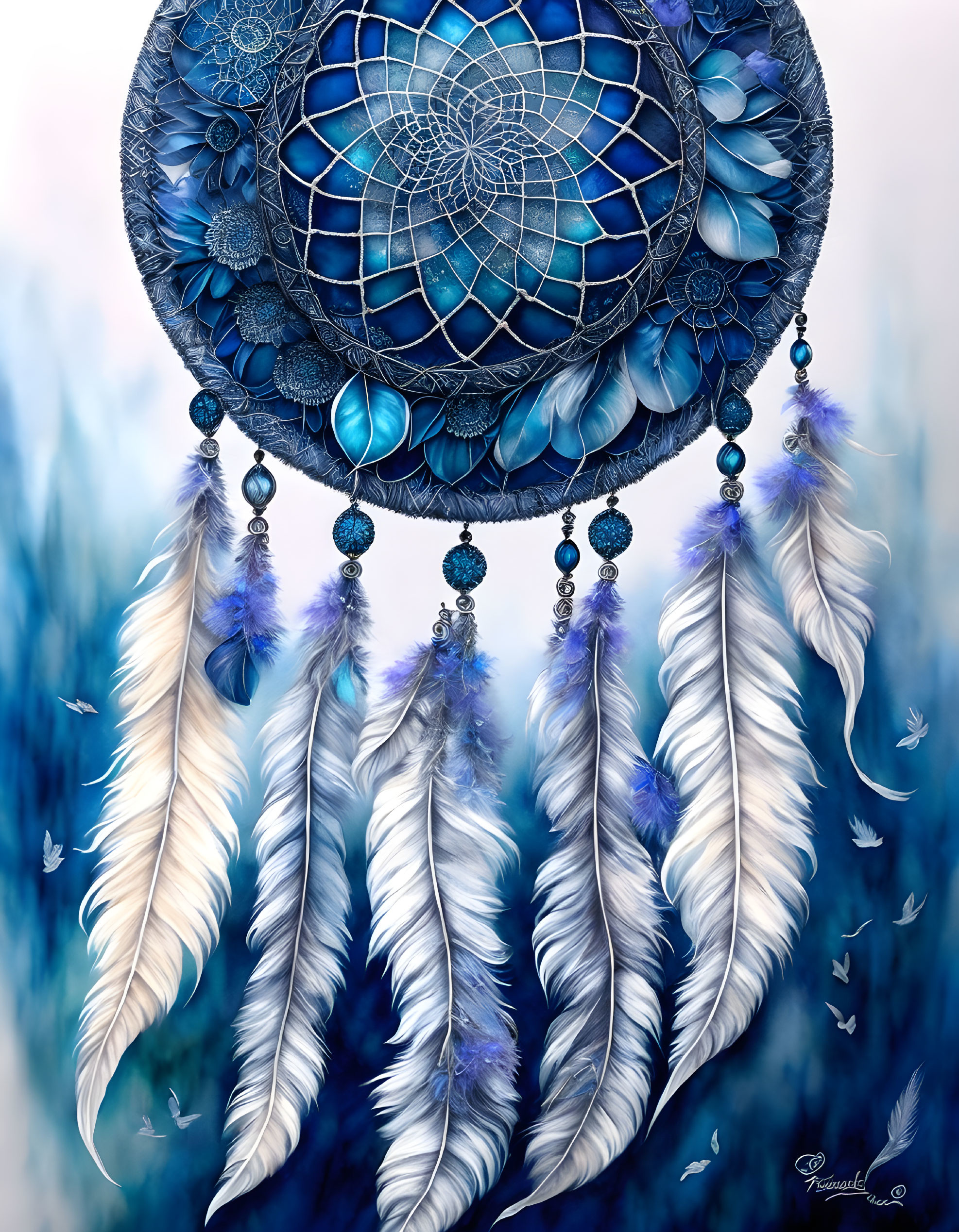 Detailed Blue Dreamcatcher with Feathers and Beads on Soft Blue Background