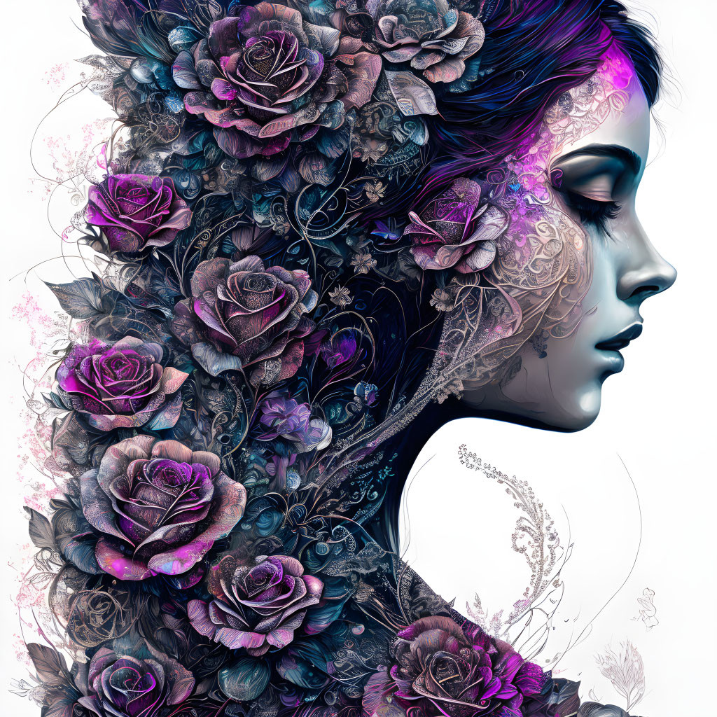 Digital artwork: Woman's profile with purple and black rose adornments