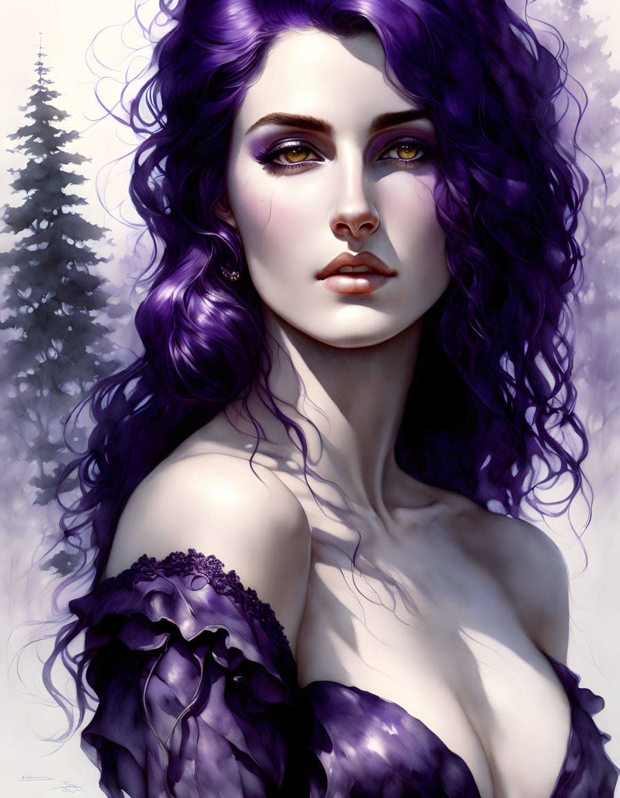 Vivid purple hair woman portrait in snowy forest