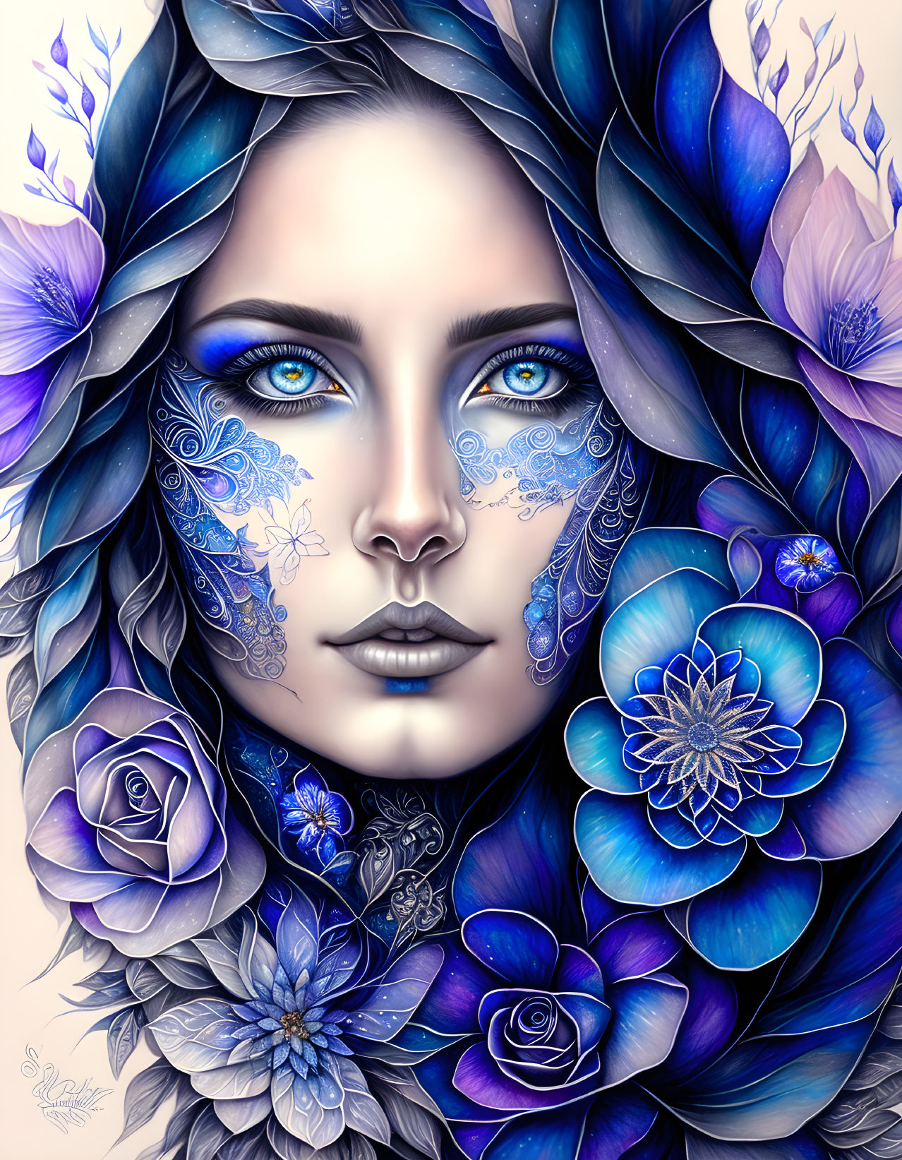 Portrait of a woman with vibrant blue eyes and intricate floral patterns surrounded by blue flowers