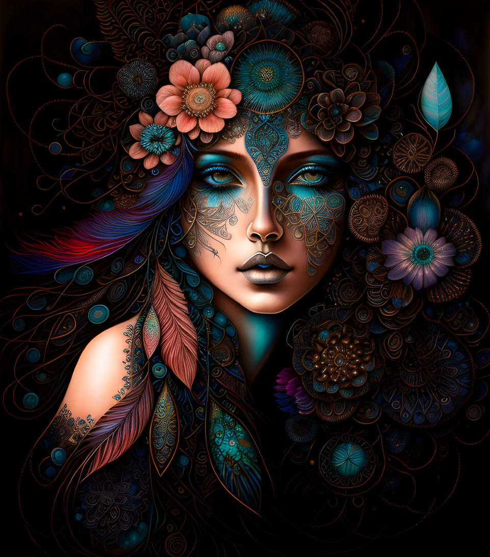 Vibrant floral and feather patterns on a woman in blue, orange, and pink on dark background