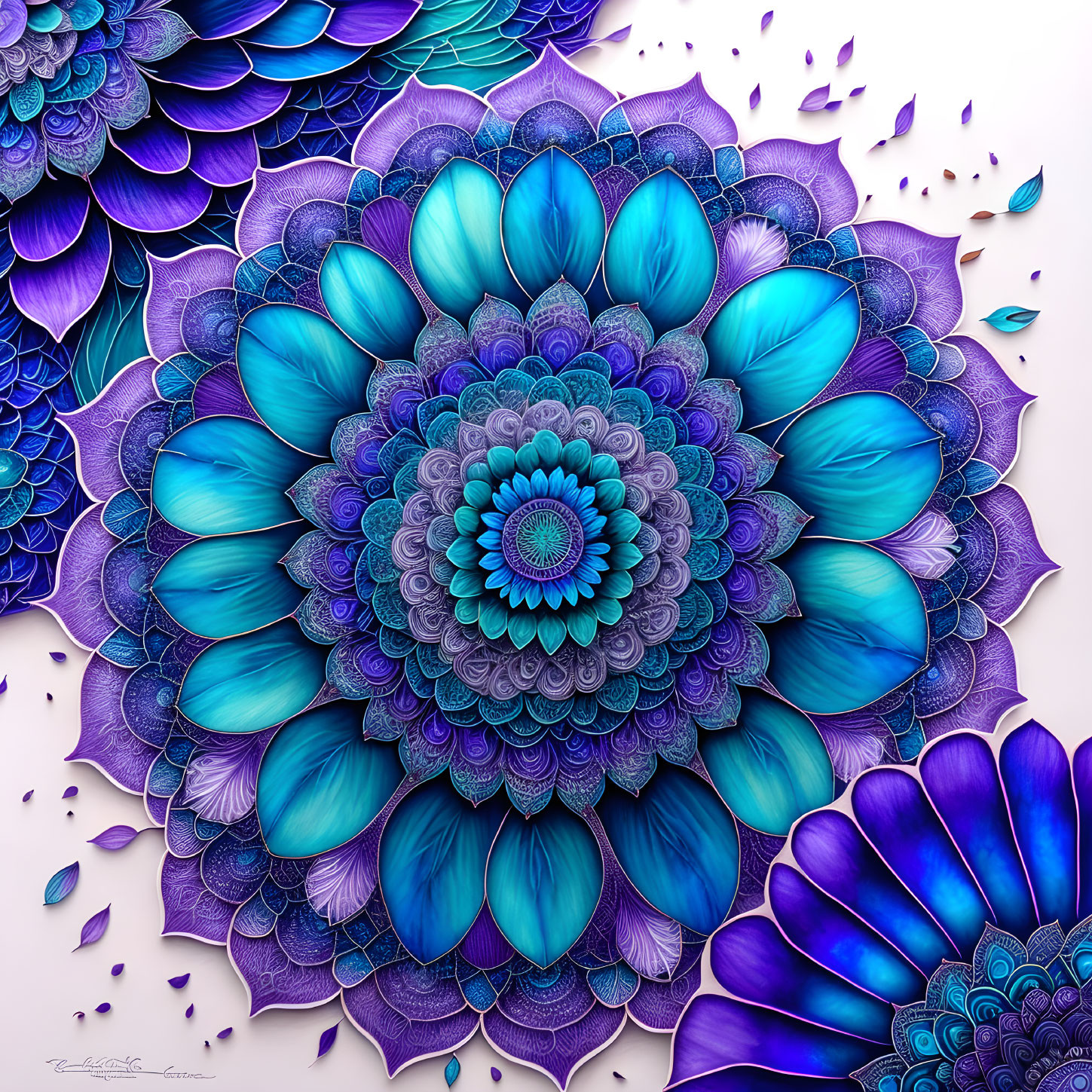 Detailed blue mandala with layered petals, 3D effect, gradient shades on white.