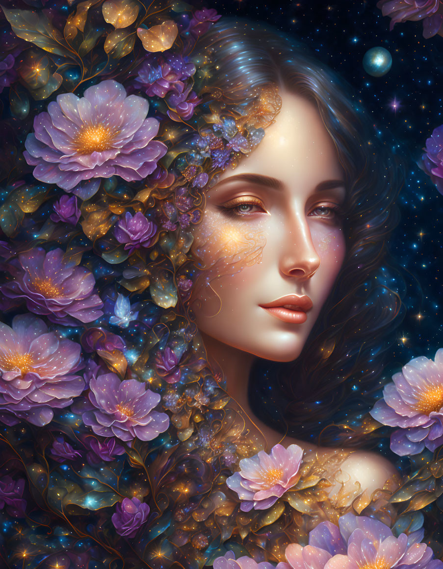 Serene Woman with Cosmic Flowers and Galaxy Motif