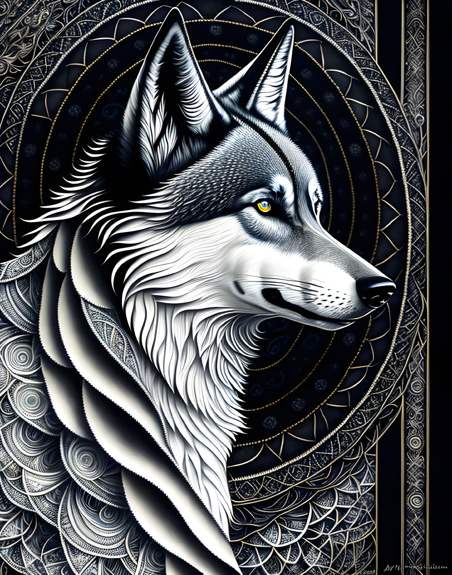 Intricate black and white wolf with mandala designs on dark blue background