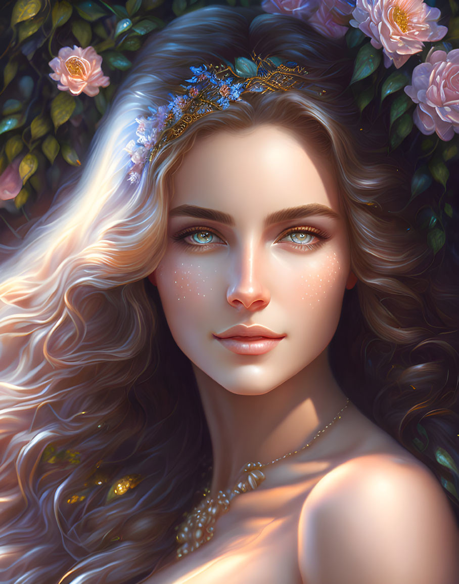 Blonde woman portrait with green eyes and floral headpiece