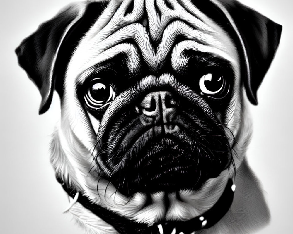 Monochrome digital art of wrinkled-faced pug with studded collar