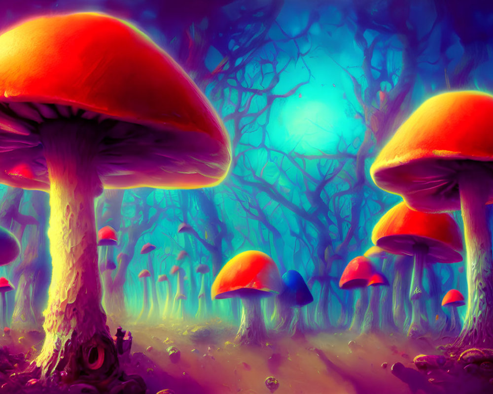 Fantastical Mushroom Forest Under Glowing Sky