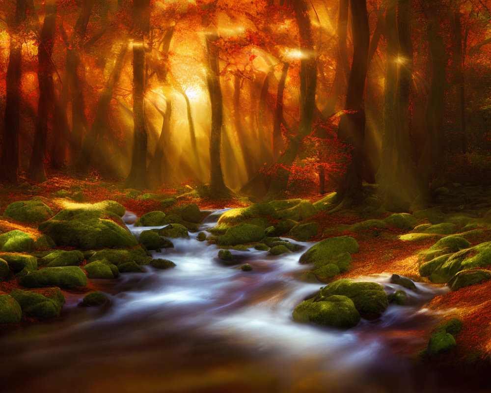 Tranquil stream in vibrant autumn forest with sunlight and mist.