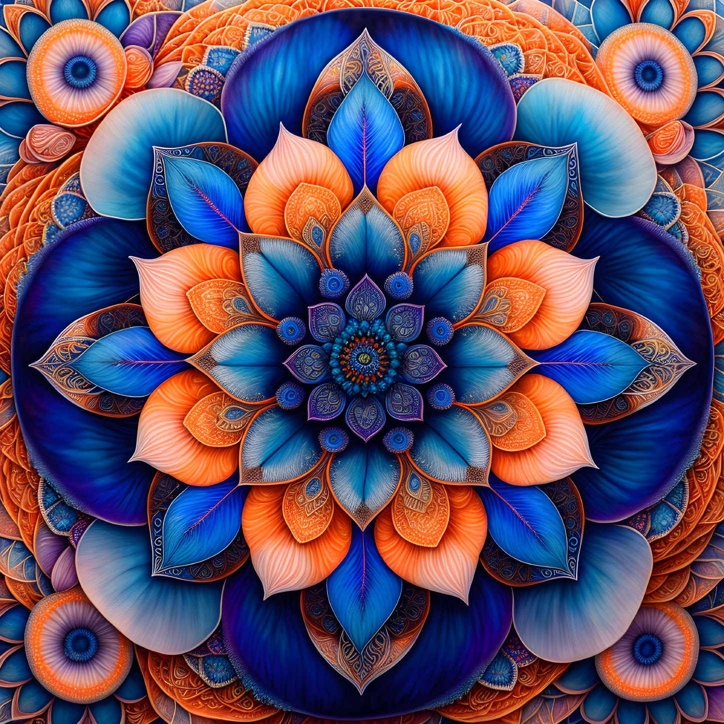 Colorful Digital Mandala with Blue, Orange, and Purple Petals