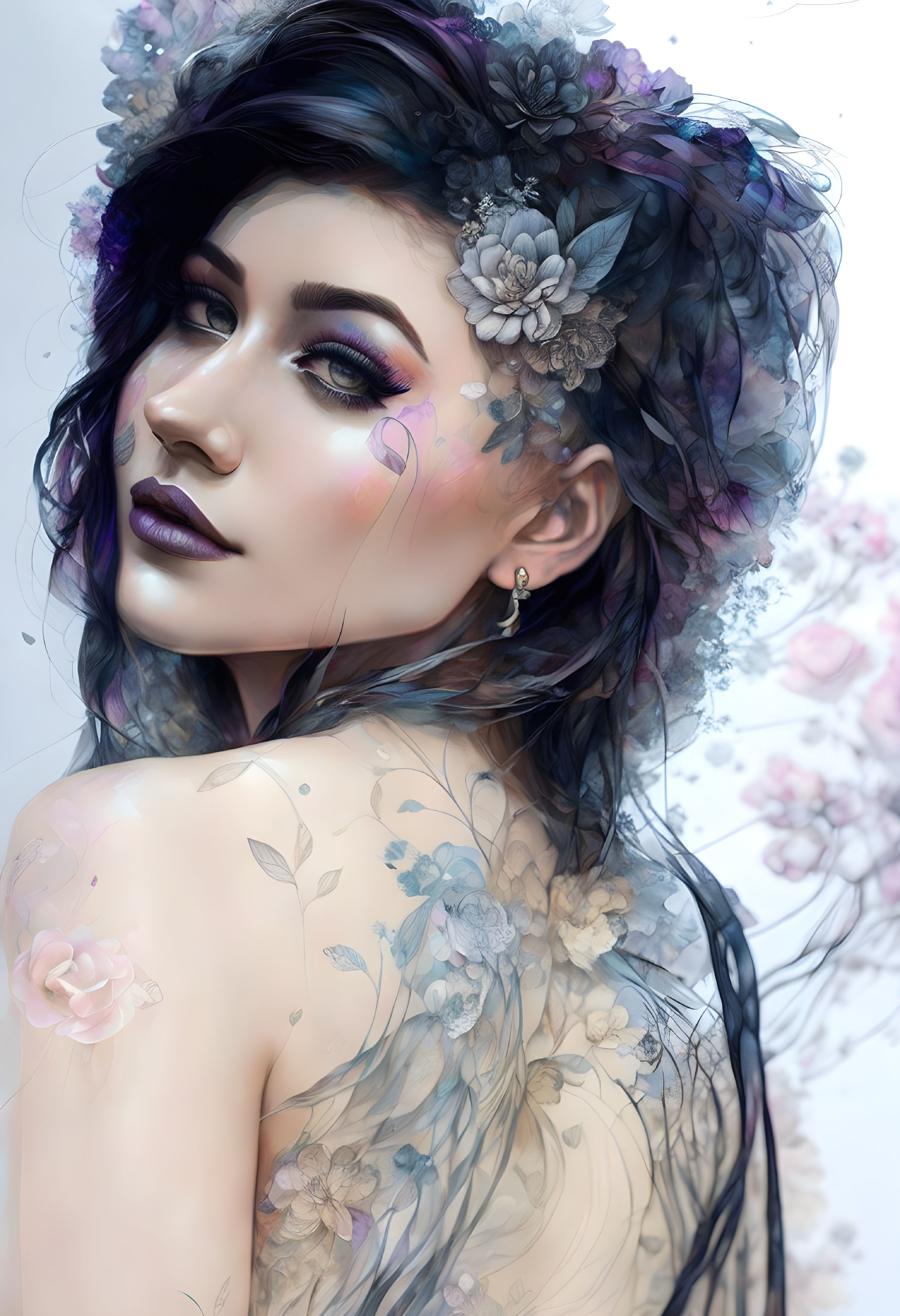 Dark-haired woman with floral tattoos and dramatic makeup in digital art portrait