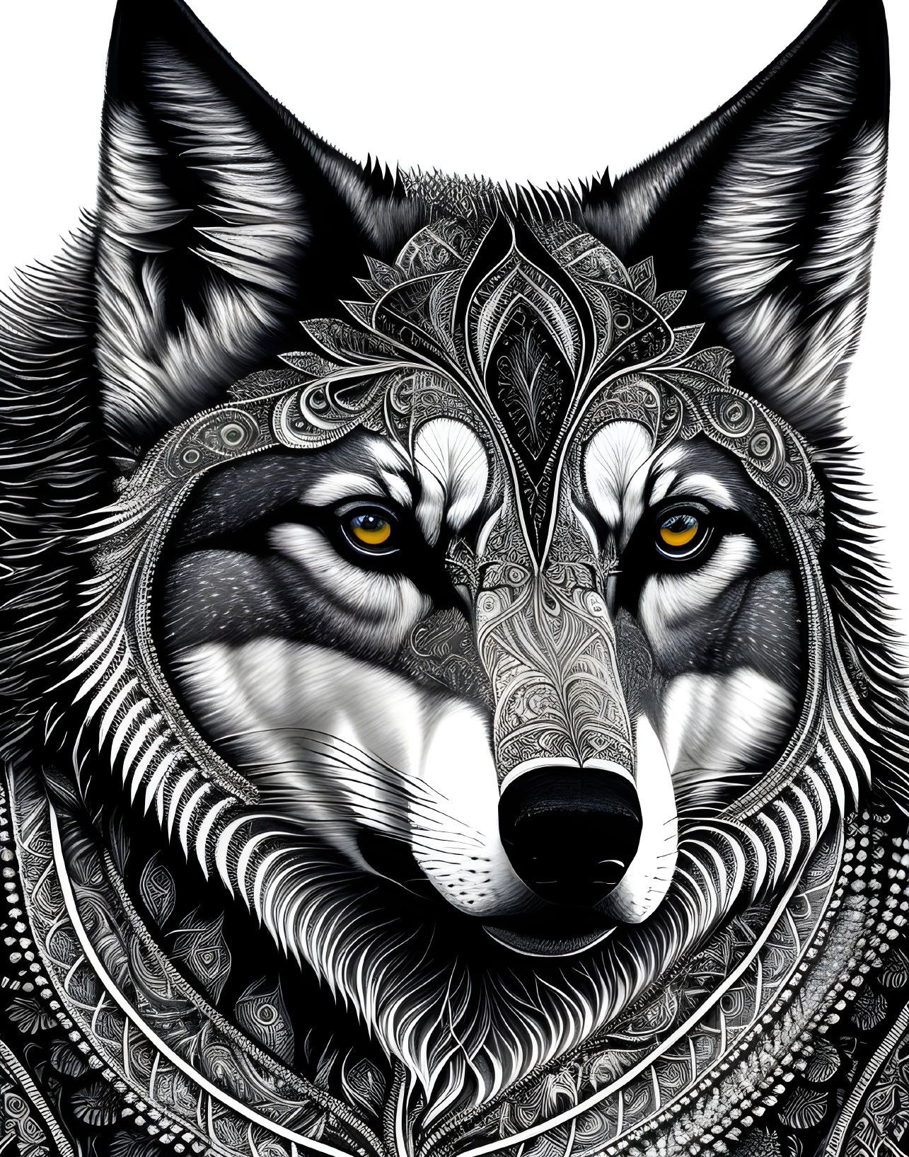 Detailed Black and White Wolf Illustration with Tribal Patterns